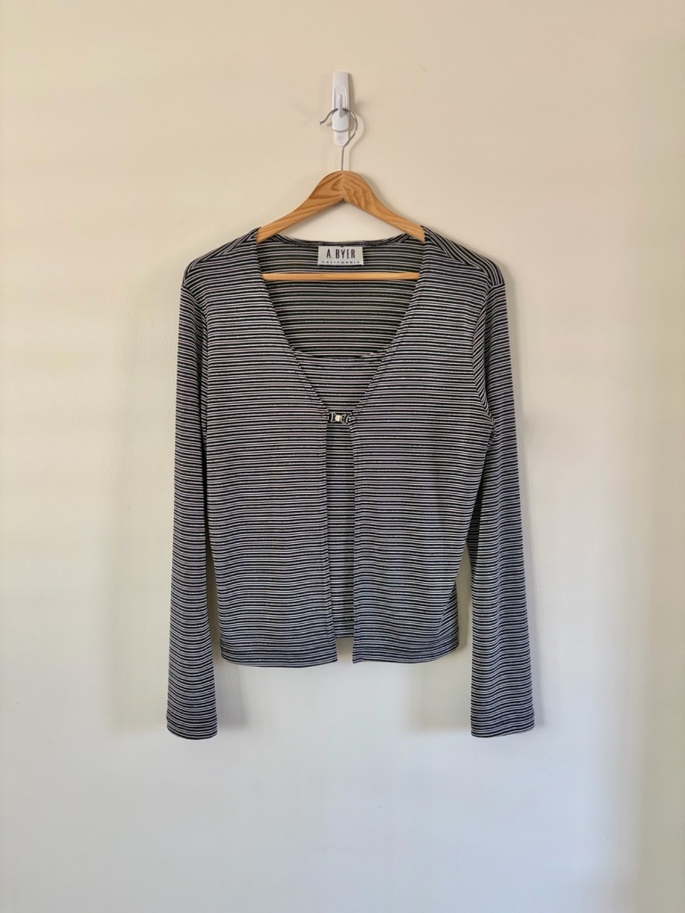 Vintage Y2K A. Byer Black, Silver & White Striped Knit Cardi Top